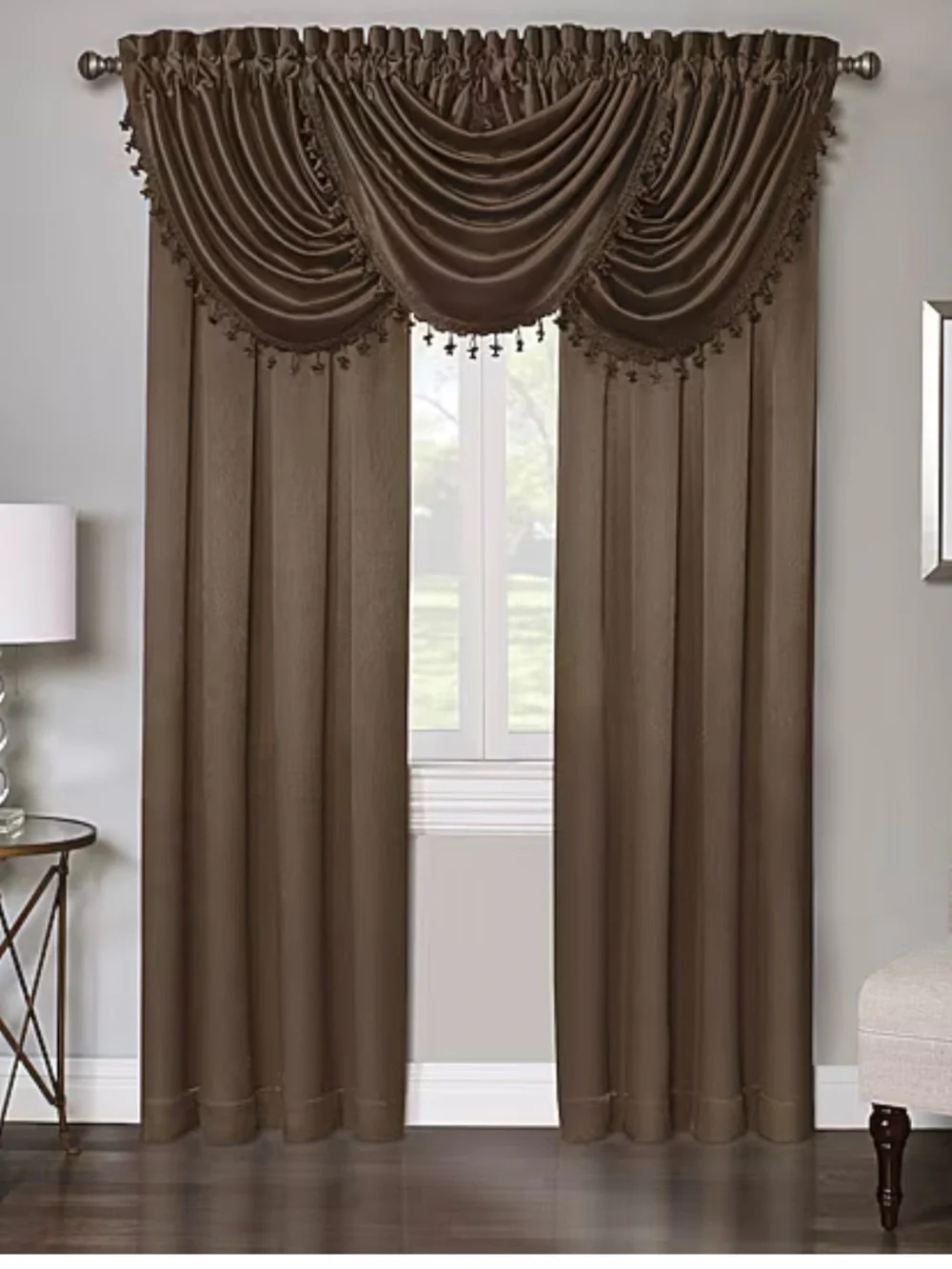 Elegant Brown Draped Valance with Beaded Trim - Home Accents